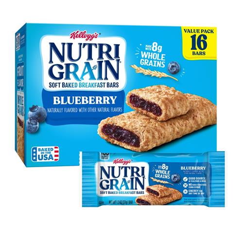Nutri-Grain Soft Baked Breakfast Bars, Kids Snacks, Whole Grain, Value Pack, Blueberry, 20.8Oz Box (16 Bars) - Pack of 2