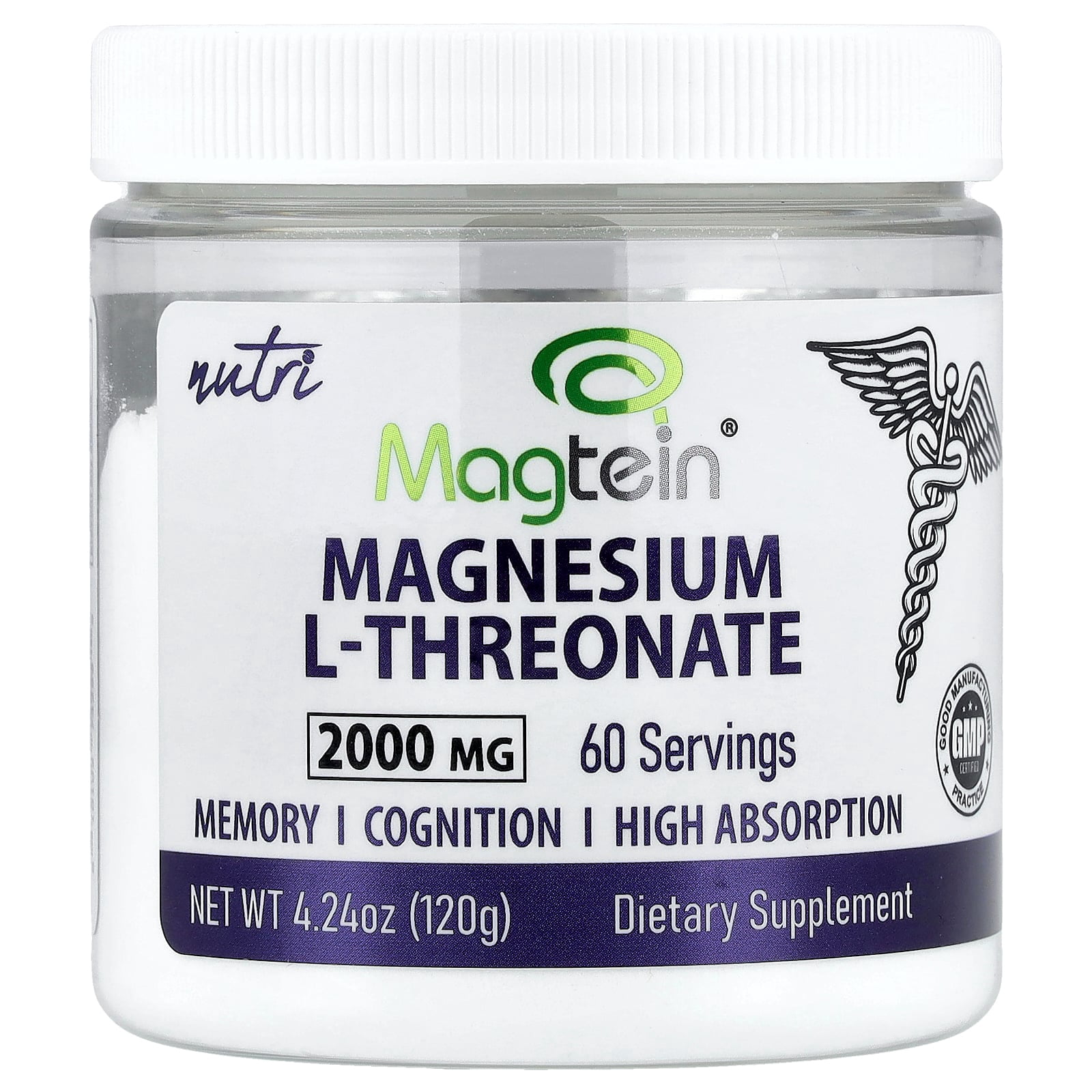 Nutri Magtein Magnesium L-Threonate 2000 mg Unflavored Powder - 120 g Tub