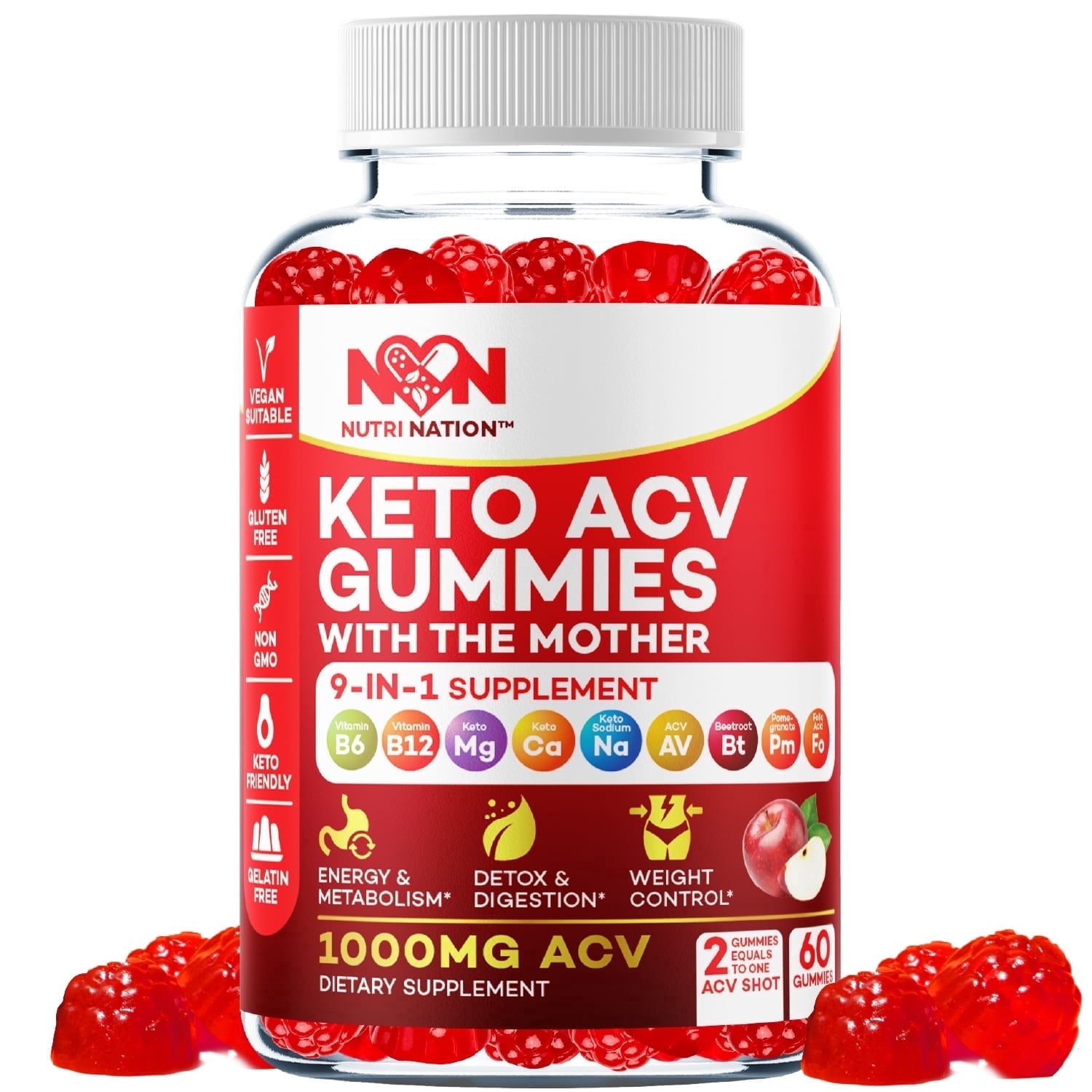 Nutri Nation Keto ACV Gummies, 1000mg, 3 Ketone Salts, 60 Count, 9-in-1 Supplement