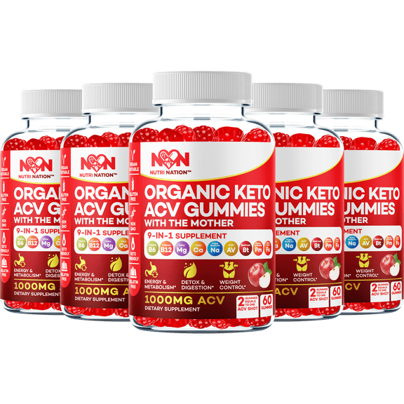 Nutri Nation Keto ACV Gummies with BHB Salts, 1000mg Apple Cider Vinegar, Weight Loss, 300 Count, 5 Bottles