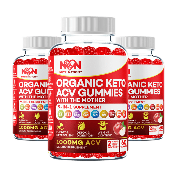Nutri Nation Keto ACV Gummies 1000mg with BHB Salts, 1000mg, 180 Count (3 Bottles)