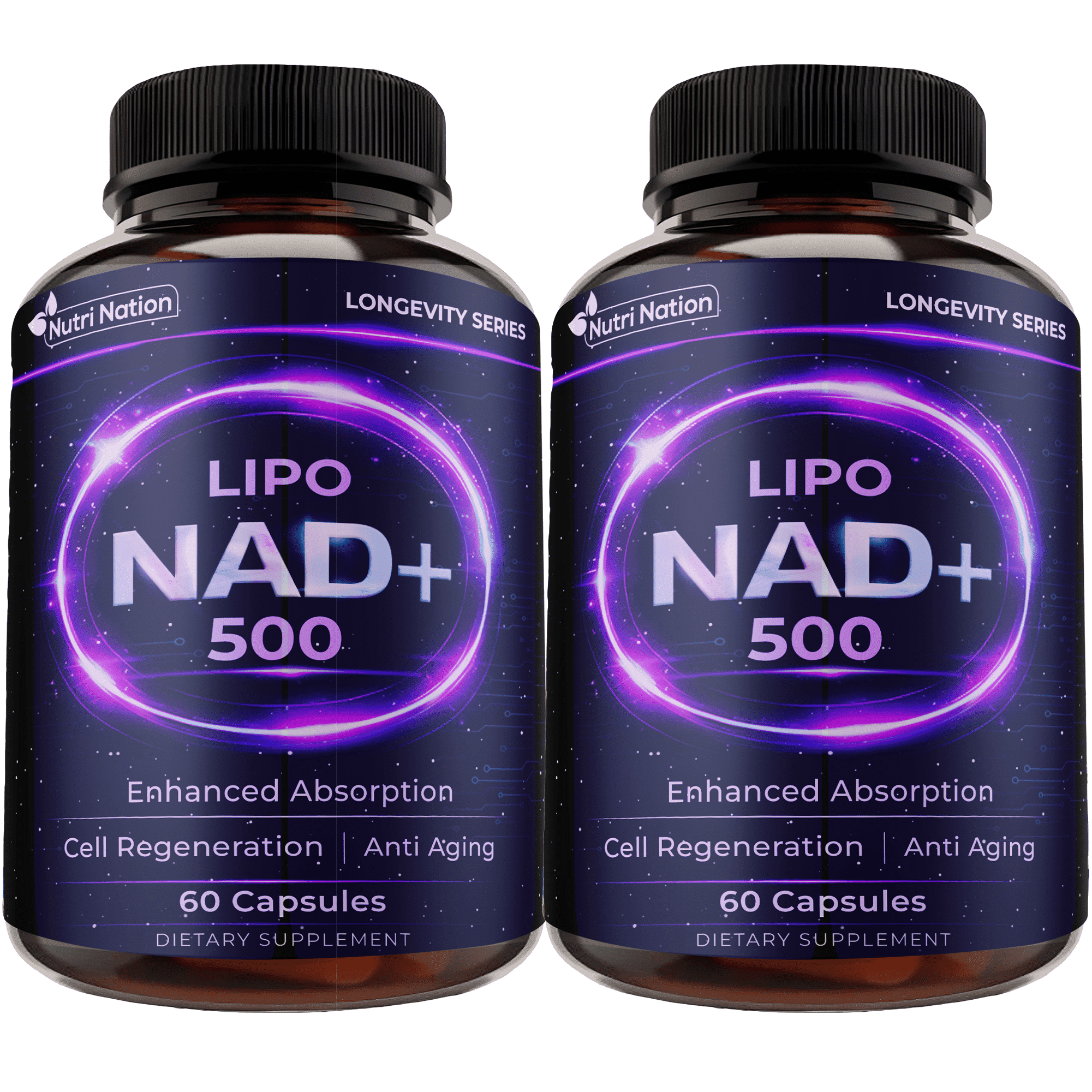 Nutri Nation Liposomal NAD 500mg Supplement 120 Capsules, Nicotinamide Adenine Dinucleotide, for Anti Aging and Cell Regeneration, 2 Bottles, Made in USA