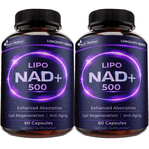 Nutri Nation Liposomal NAD 500mg Supplement 120 Capsules, Nicotinamide Adenine Dinucleotide, for Anti Aging and Cell Regeneration, 2 Bottles, Made in USA