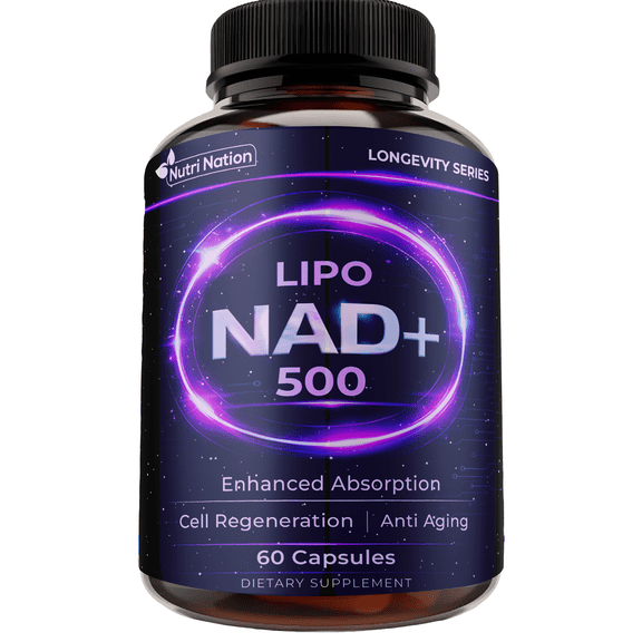 Nutri Nation Liposomal NAD 500mg Supplement 60 Capsules, Nicotinamide Adenine Dinucleotide, for Anti Aging and Cell Regeneration, Made in USA