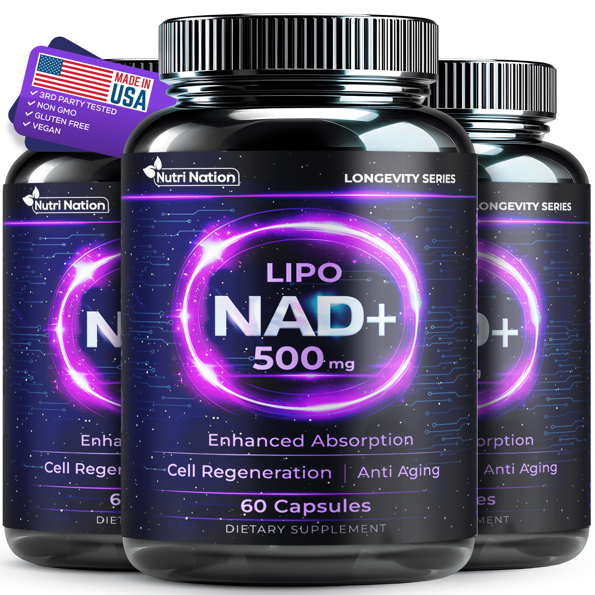 Nutri Nation Liposomal NAD Supplement 500mg 180 Capsules Nicotinamide Adenine Dinucleotide Supplement Anti Aging and Cell Regeneration 3 Bottles