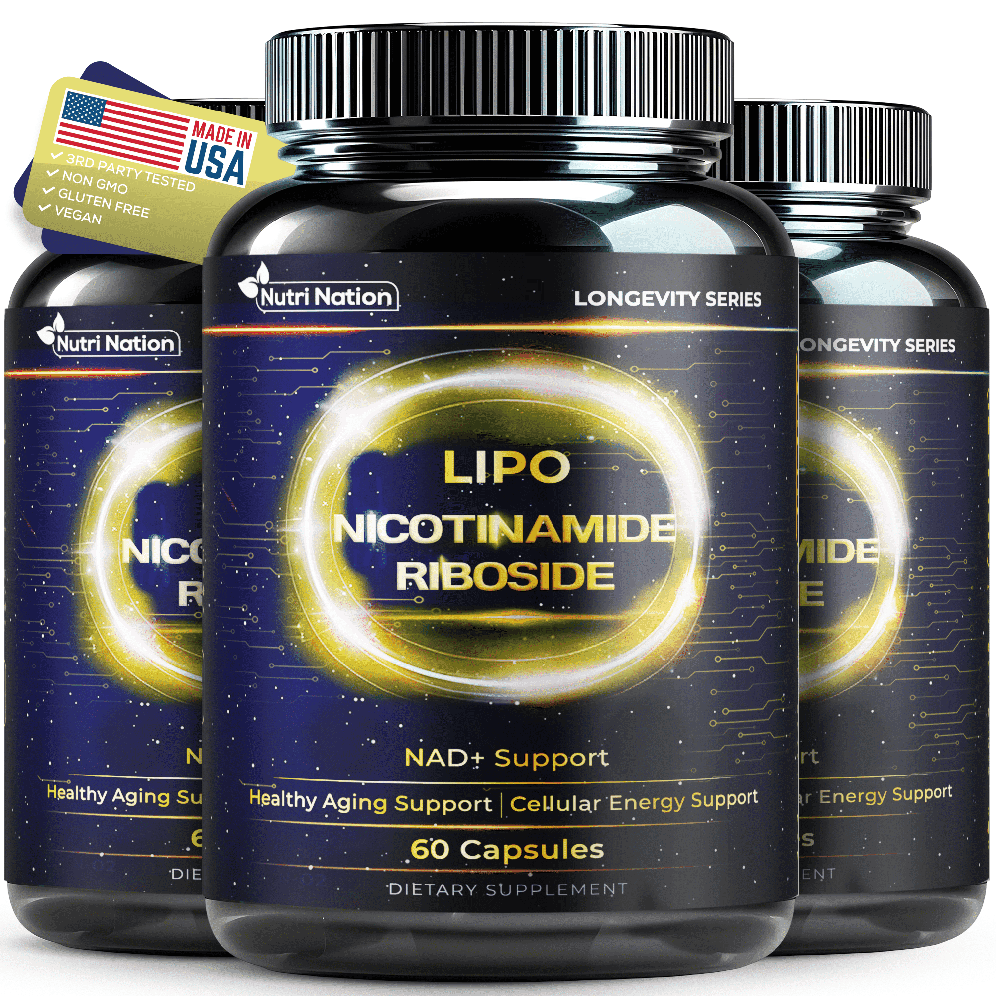 Nutri Nation Liposomal NR 500mg, NAD Supplement,  Nicotinamide Riboside for Energy and General Wellness, 180 Count 3 Bottles