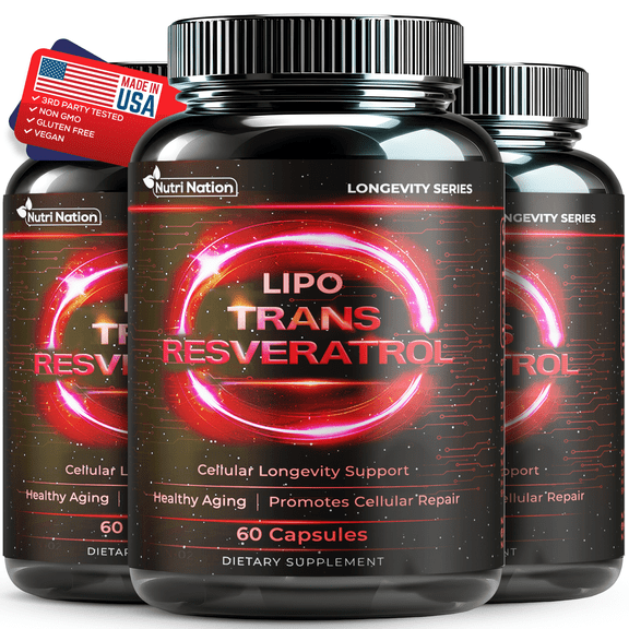 Nutri Nation Liposomal Trans-Resveratrol 500 mg 180 Capsules Antioxidant Supplement for Heart and Cellular Health Healthy Aging Immune System Support 3 bOTTLES