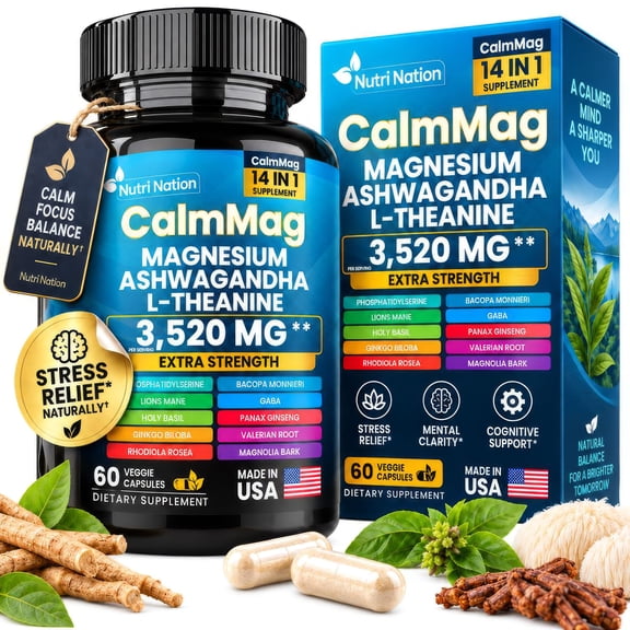 Nutri Nation Magnesium Glycinate Capsules with Ashwagandha, L-Theanine for Cognitive Health and Stress Support 60 Count