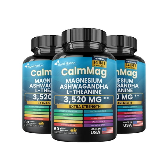 Nutri Nation Magnesium Glycinate with Ashwagandha Supplement, Extra Strength, 180 Capsules, 3 Bottles