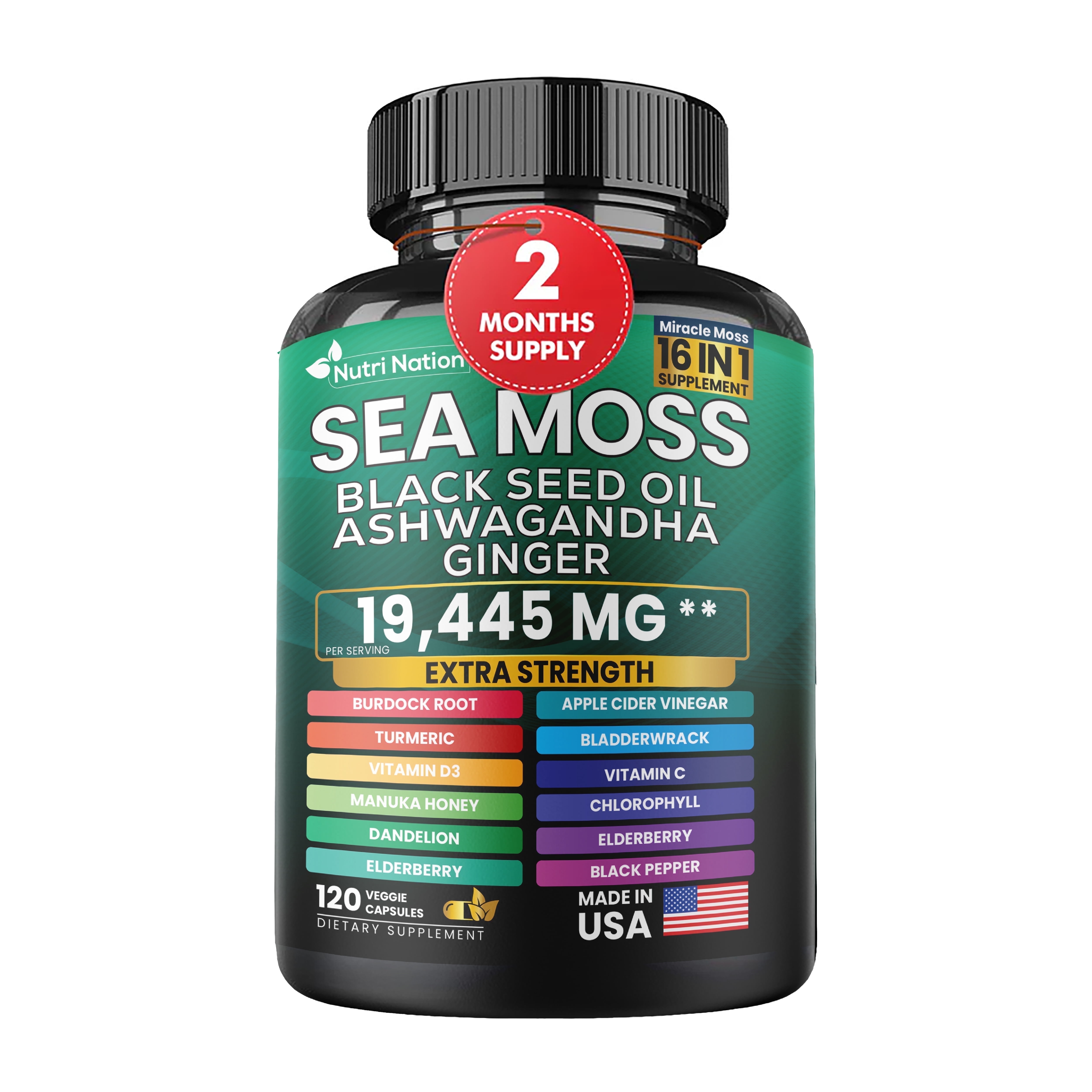 Nutri Nation Sea Moss Black Seed Oil Ashwagandha and Burdock Root 16 in 1 Supplement 2 Bottles