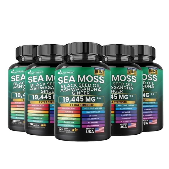 Nutri Nation Sea Moss 16-in-1 Capsules with Black Seed Oil, Ashwagandha & Turmeric, Extra Strength, 600 Count (5 x 120), Immune & Energy Support