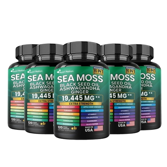 Nutri Nation Sea Moss with Ashwagandha 16 in 1, 120 Capsules 5 Bottles