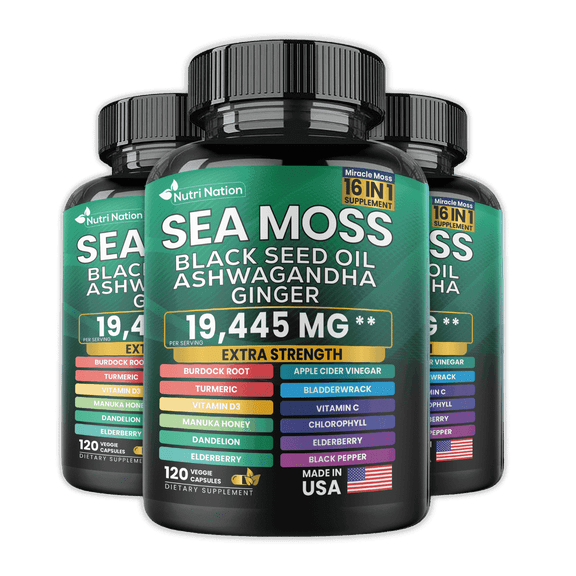 Nutri Nation Sea Moss 16-in-1 Capsules with Black Seed Oil, Ashwagandha & Turmeric, Extra Strength, 360 Count (3 x 120), Immune & Energy Support