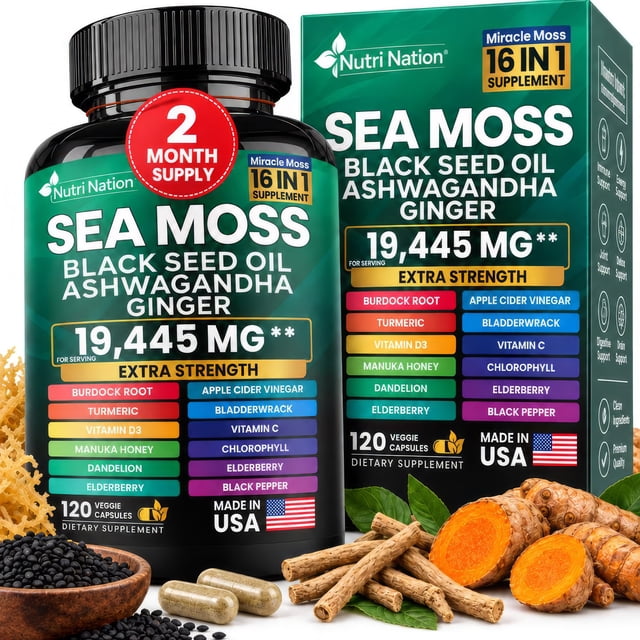 Nutri Nation Sea Moss Capsules, 120 Count with Black Seed Oil ...
