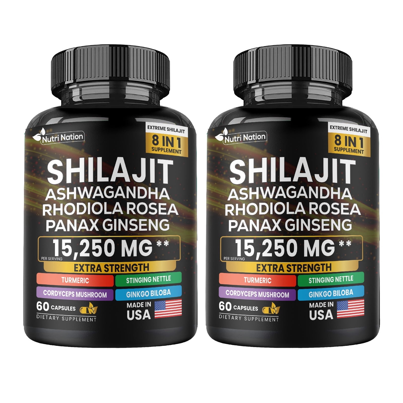 Nutri Nation Shilajit Supplement with Ashwagandha, Rhodiola Rosea, Panax Ginseng, 120 Capsules, 2 Bottles