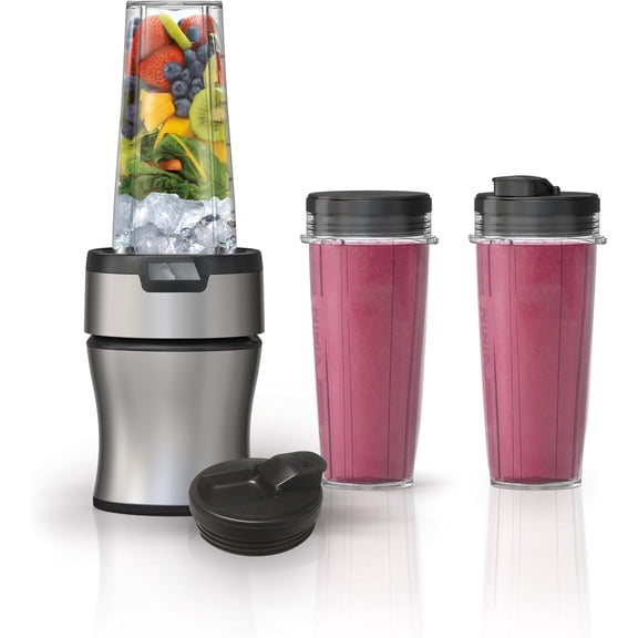 Nutri-Plus Personal Blender, 900PW, (3) 20oz Cups, Silver, BN301 | 900-peak-watt push-to-blend motor for smoothies & sauces. (3) 20-oz cups, 2 spout lids & storage lid. Dishwasher safe.