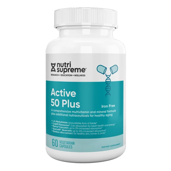Nutri Supreme Active 50 Plus Multivitamin for Men & Women with Methylfolate, B12, CoQ10, Curcumin, Lutein & Zeaxanthin, Iron Free, 60 Vegetarian Capsules