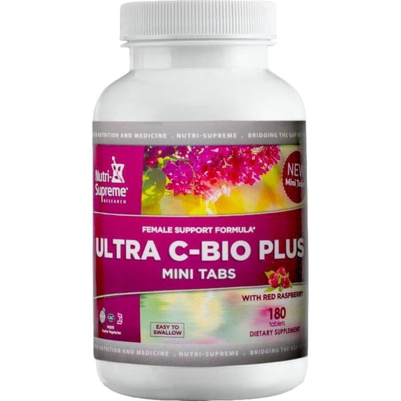 Nutri Supreme Ultra C-Bio Mini Tabs with Red Raspberry Leaf, Vitamin C 1500 mg, Citrus Bioflavonoids, Women's Daily Wellness Formula, 180 Mini Tablets