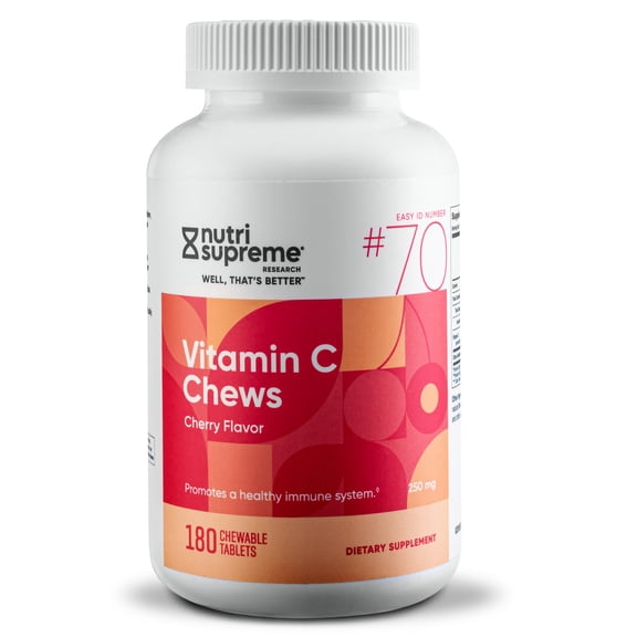 NutriSupreme Vitamin C Chews 250mg for Kids & Adults, Buffered Vitamin C with Citrus Bioflavonoids, Cherry Flavor Chewable Wafers, Gentle on Stomach, Immune Support, 180 Tablets