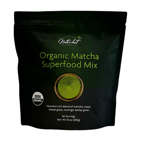 Nutri-hut Matcha Powder Green Superfood Mix, Non-GMO Mixed Greens, Plant Based, Focus & Energy, Organic Green Tea Powder, Natural Caffeine Drink Mix (10oz, 56 Servings)