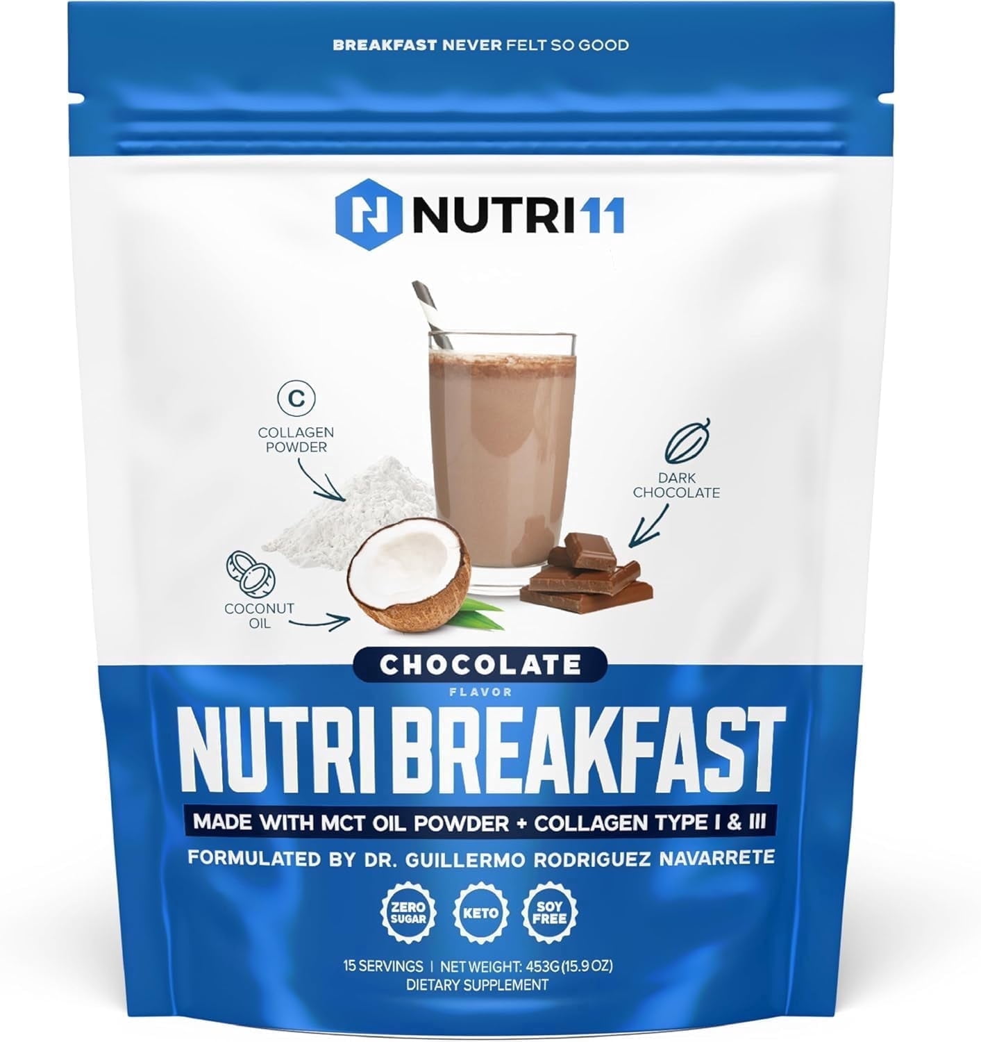 NutriBreakfast by Nutrillermo/Keto Protein Chocolate Collagen Powder with MCT Oil/MCT Oil Powder with Collagen/Keto Collagen Peptides Powder with Grass-Fed Bovine Collagen Type I & III-15 Servings