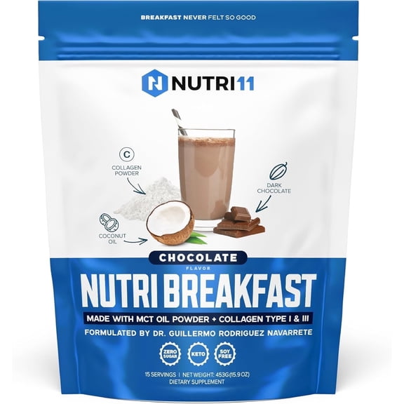 NutriBreakfast by Nutrillermo/Keto Protein Chocolate Collagen Powder with MCT Oil/MCT Oil Powder with Collagen/Keto Collagen Peptides Powder with Grass-Fed Bovine Collagen Type I & III-15 Servings