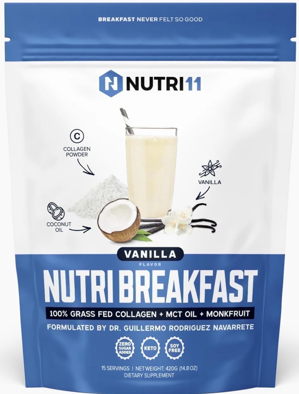 NutriBreakfast by Nutrillermo/Keto Protein Vanilla Collagen Powder with MCT Oil/MCT Oil Powder with Collagen/Keto Collagen Peptides Powder with Grass-Fed Bovine Collagen Type I & III-15 Servings