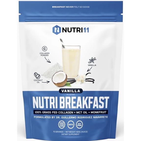 NutriBreakfast by Nutrillermo/Keto Protein Vanilla Collagen Powder with MCT Oil/MCT Oil Powder with Collagen/Keto Collagen Peptides Powder with Grass-Fed Bovine Collagen Type I & III-15 Servings