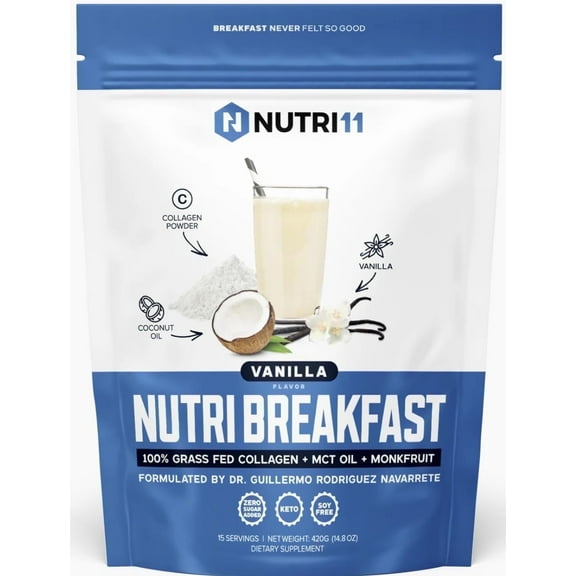 NutriBreakfast by Nutrillermo/Keto Protein Vanilla Collagen Powder with MCT Oil/MCT Oil Powder with Collagen/Keto Collagen Peptides Powder with Grass-Fed Bovine Collagen Type I & III-15 Servings