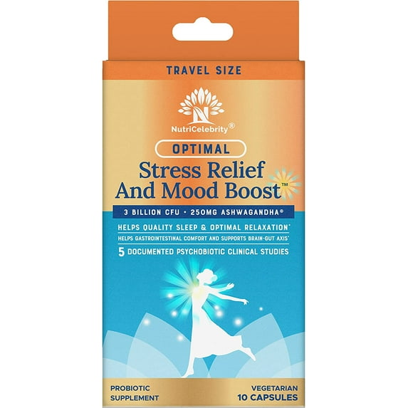 NutriCelebrity Optimal Stress Relief and Mood Boost Supplement Travel Size, Helps Support Restful Sleep, Relaxation, Comfort with Ashwagandha KSM-66 and Cerebiome Probiotic Blend 10 Vegetable Capsules
