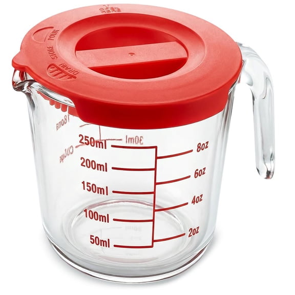 NutriChef 1 Cup Glass Measuring Cup with Lid 8 oz Borosilicate Heat-Resistant Liquid Measure Cup with Easy-Read Scale for Cooking, Baking & Food Storage, Dishwasher & Freezer Safe
