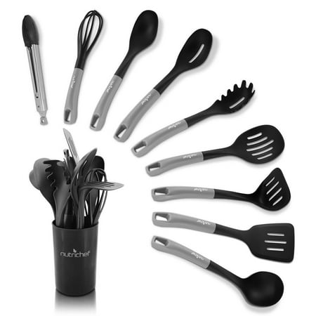 NutriChef 10 Pcs. Silicone Heat Resistant Non-Stick Kitchen Cooking Utensils Set - (Silver & Black)