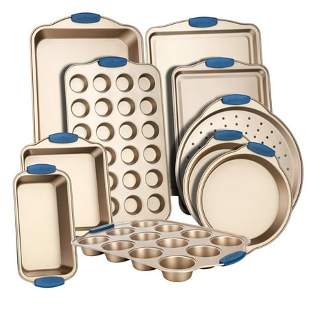 NutriChef 10-Piece Nonstick Bakeware Set Carbon Steel Baking Trays W/ Blue Silicone Handles, (Gold)