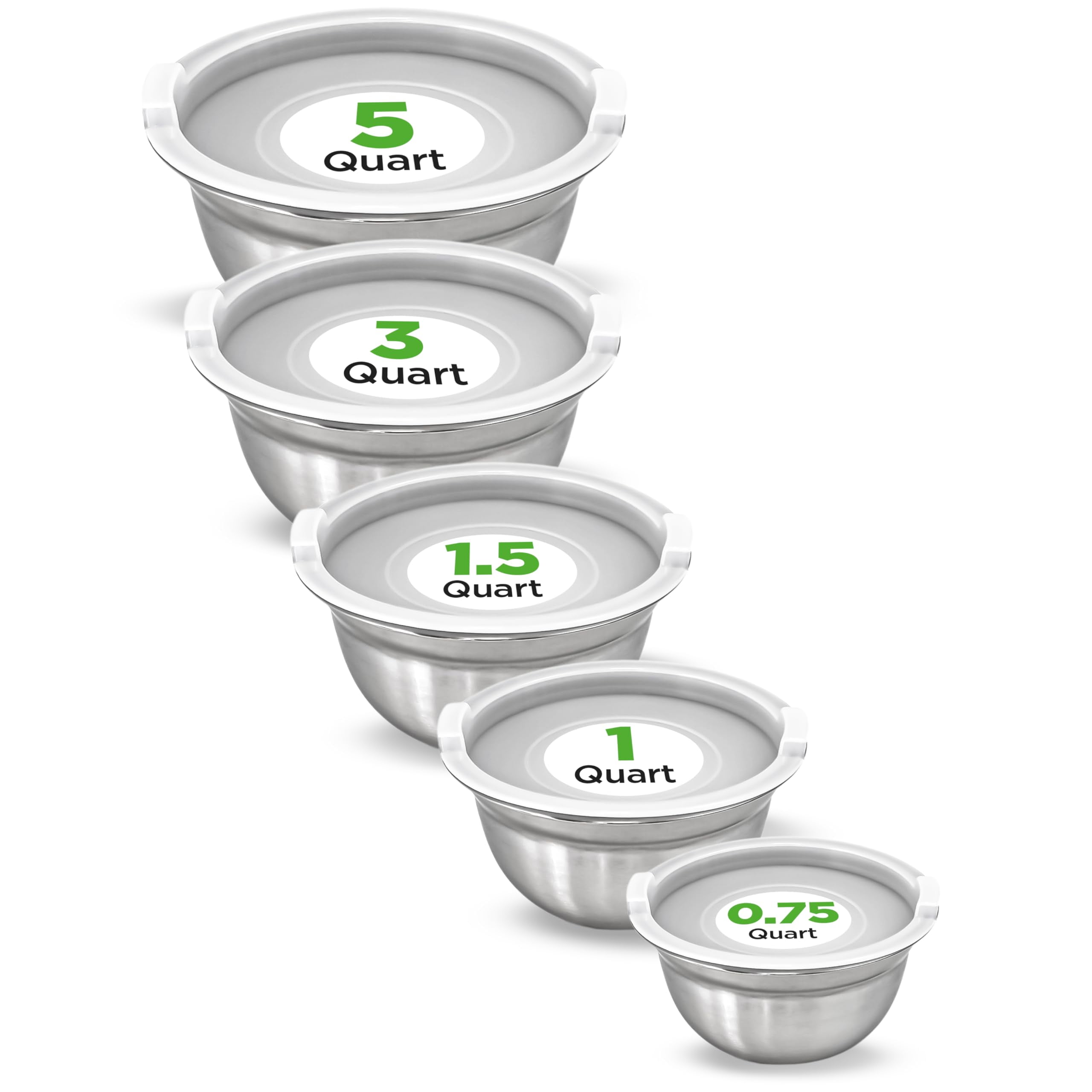 NutriChef Stackable Stainless Steel Mixing Bowls Set with Lids, 5 Sizes