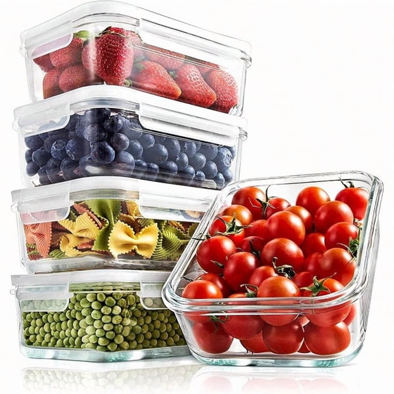 NutriChef 10-Piece erior Glass Food Storage Containers Set 5 Containers + 5 Locking Lids Stackable Meal-prep Design Airtight Clear Locking lids with Vent Lids Air Hole NCCLX5