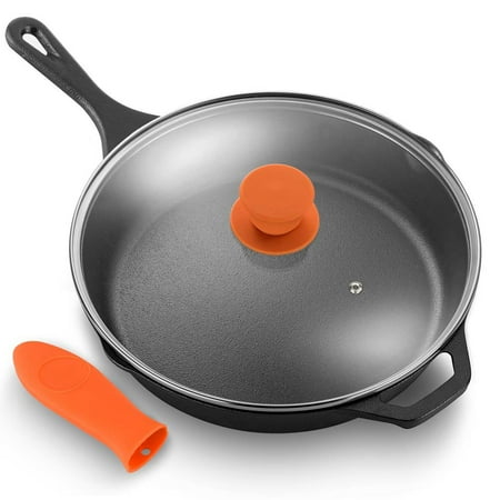 NutriChef 10" Pre Seasoned Nonstick Cast Iron Frying Pan w/ Lid & Handle Cover