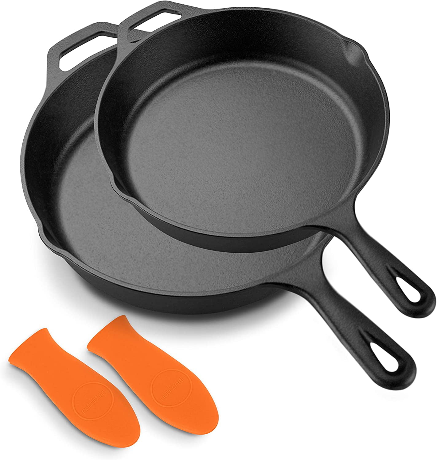 NutriChef 10" & 12" Pre-Seasoned Cast Iron Skillet Set with Silicone Handles