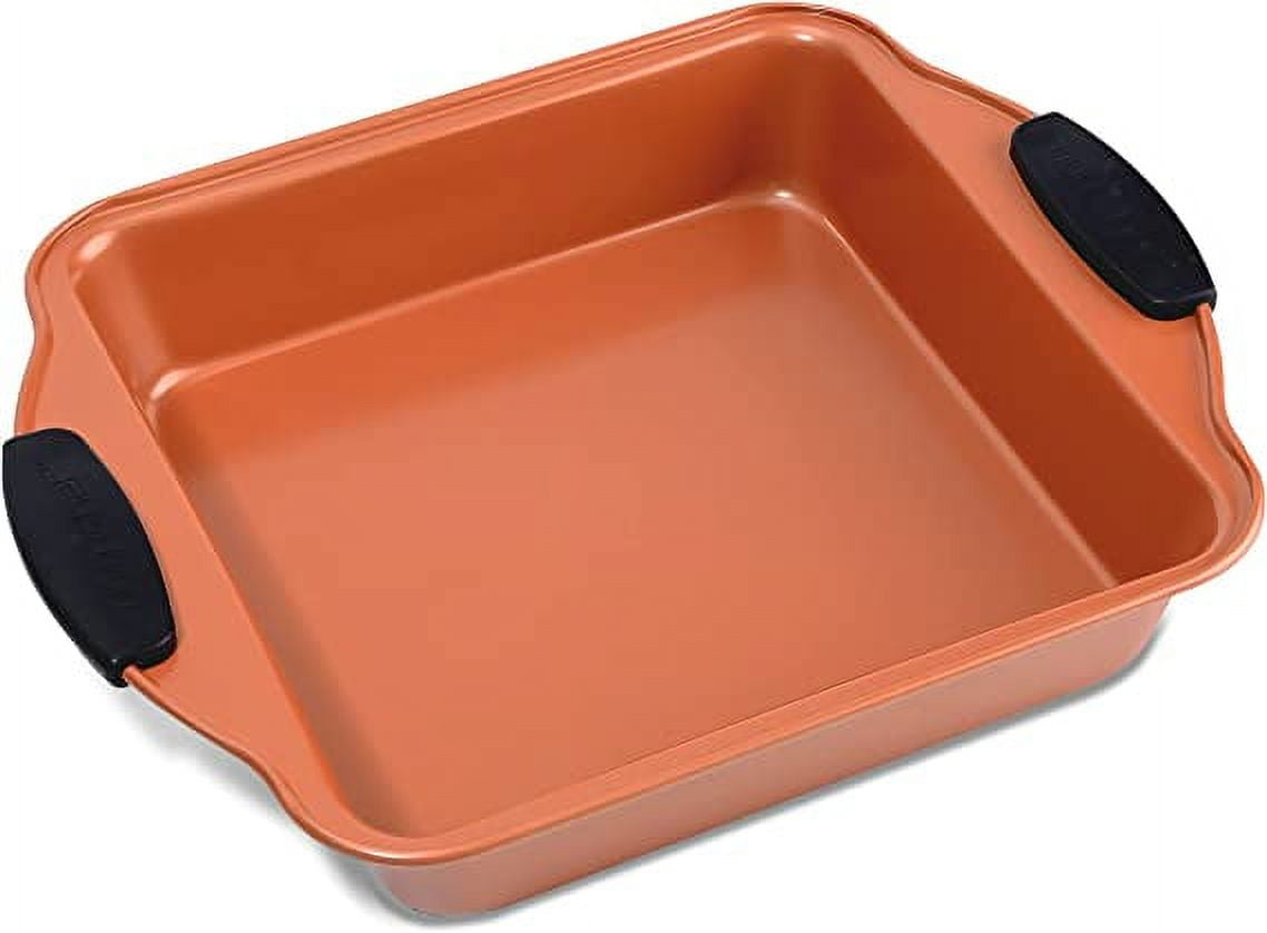 NutriChef 11” Non-Stick Cake Round Pan, Deluxe Gray Carbon Steel Pan with Red Silicone Handles