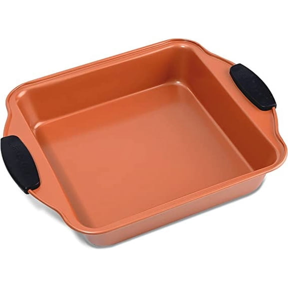 NutriChef 11 Non-Stick Cake Round Pan, Deluxe Gray Carbon Steel Pan with Red Silicone Handles