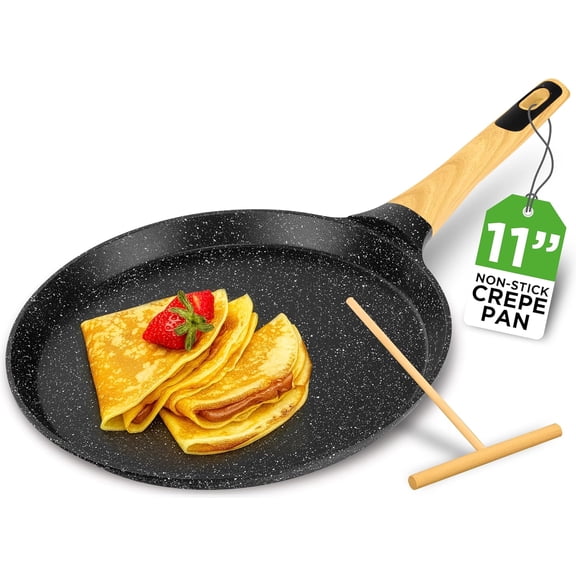 NutriChef 11” Non-Stick Crepe Pan with Wooden Spreader, Durable Marble Coated Dosa Pan, Bakelite And Wood Handle With Induction Bottom, Easy-to-Clean, Stain-Resistant (Black Marble)