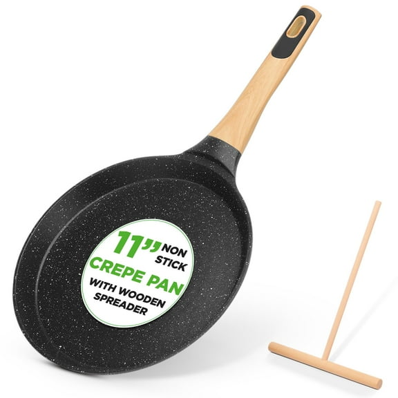 NutriChef 11” Non-Stick Crepe Pan with Wooden Spreader, Durable Marble Coated Dosa Pan, Bakelite And Wood Handle With Induction Bottom, Easy-to-Clean, Stain-Resistant (Black Marble)