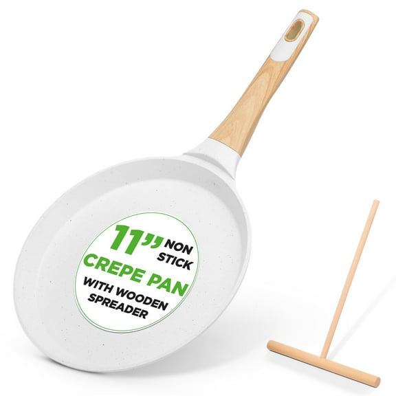 NutriChef 11” Non-Stick Crepe Pan with Wooden Spreader, Durable Marble Coated Dosa Pan, Bakelite And Wood Handle With Induction Bottom, Easy-to-Clean, Stain-Resistant (White Cream Marble)