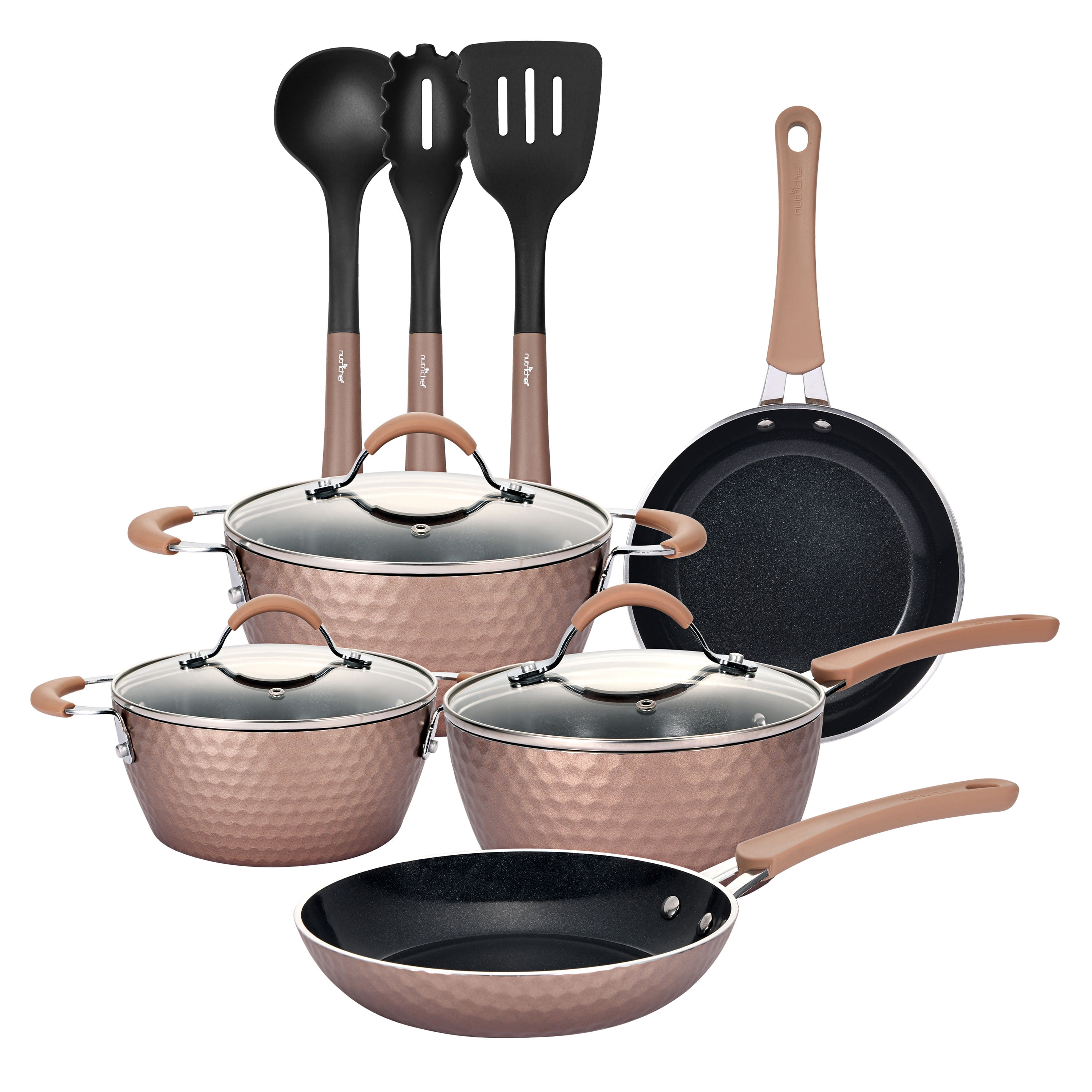 Nutrichef 17 Piece Non-Stick Cookware Set, Pots & Pans with Foldable Knob, Space Saving, Stackable, Nylon Tools Set, Induction Base, Gray