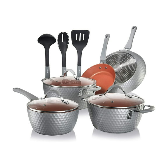 NutriChef 11 Piece Nonstick Diamond Pattern Kitchen Cookware Set, Gray