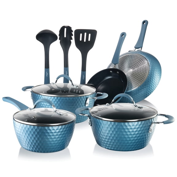 NutriChef 11 Piece Nonstick Diamond Pattern Kitchen Cookware Set, Royal Blue