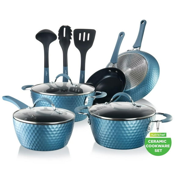 NutriChef 11 Piece Nonstick Diamond Pattern Kitchen Cookware Set, Royal Blue