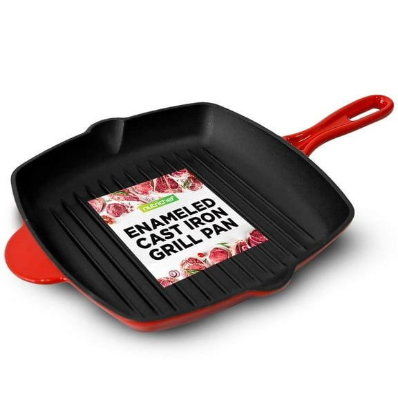 NutriChef 11" Square Cast Iron Skillet Grill Pan w/ Porcelain Enamel Coating, Red