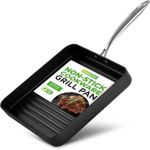 NutriChef 11" Square Grill Pan with Hard-Anodized Nonstick Surface – Stove Top Griddle with Raised Cooking Ridges, Ergonomic Riveted Handles, Dishwasher Safe, Compatible with Gas, Ceramic, Glass,