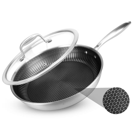 NutriChef 12-Inch Triply Stainless Steel Frying Pan, DAKIN Etched Non-Stick Stir Fry Pan with Scratch-Resistant Honeycomb Texture