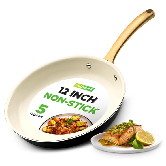 NutriChef 12" Large Fry Pan - Skillet Nonstick Frying Pan W/ Golden Titanium Coated Silicone Handle